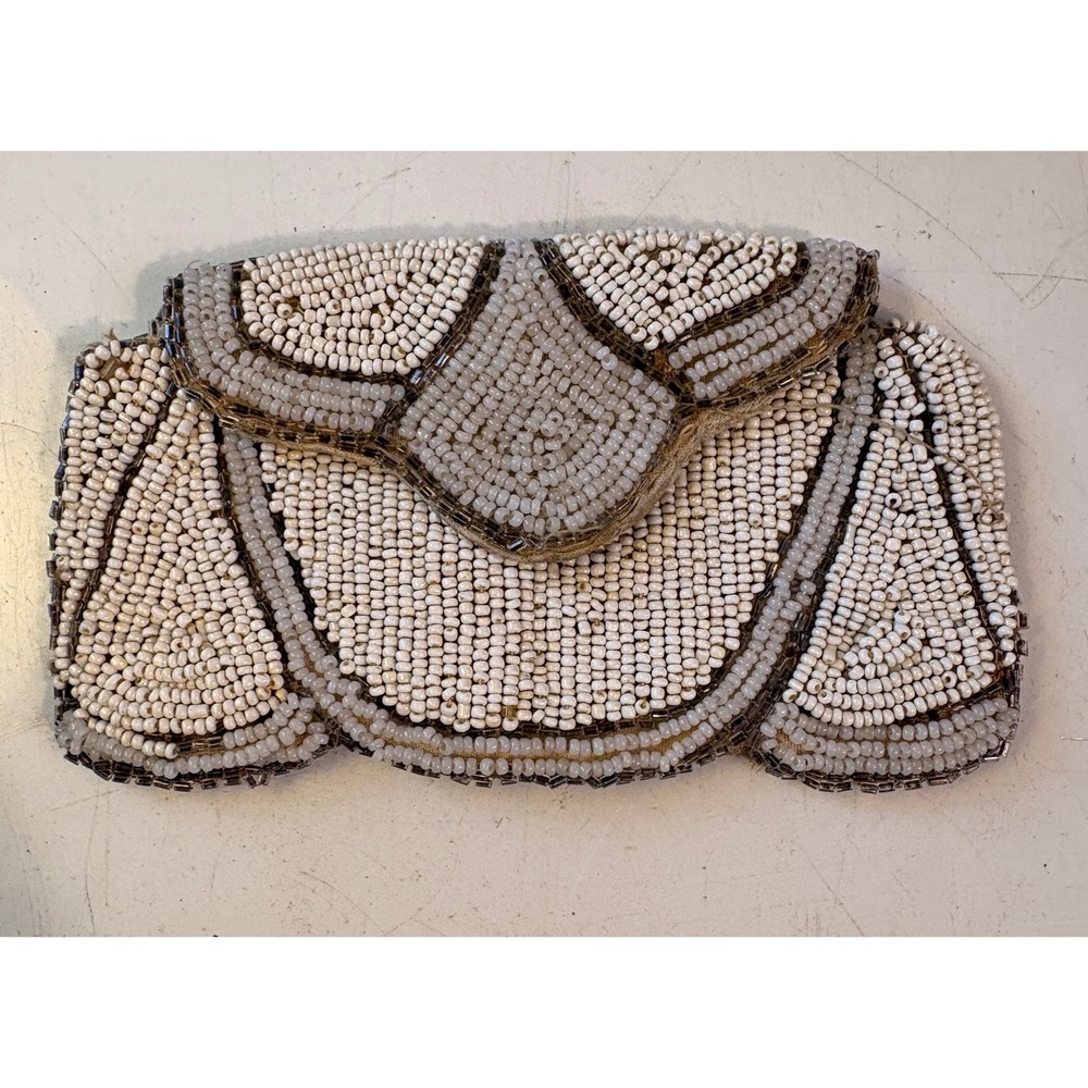 Vintage Style Cream Silver Seed Bead Geometric Clutch Evening Bag‎ Hand Beaded